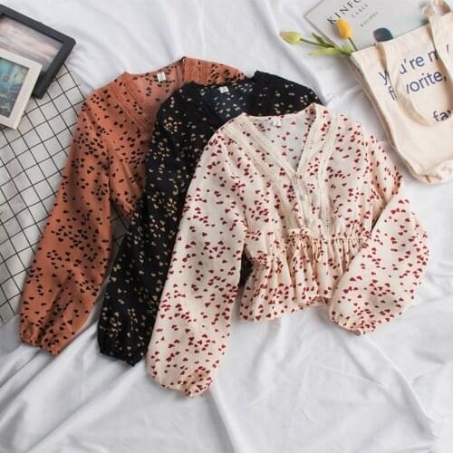 2021 New Women Korean V-neck Tie Crop Shirt Puff Sleeve Top Lace Shirt Boho Long Sleeve Blouse Casual Ladies Female Clothing