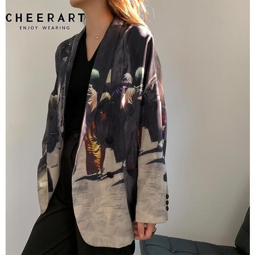 CHEERART 2020 Designer Women Blazers And Jackets Print Patchwork Plus Size Blazer Loose High Street Fashion Autumn Spring Blazer