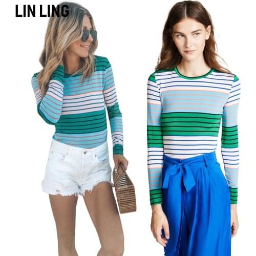 LINLING Spring Casual Wear Round Neck Pullover Stripe Print Street Style Top Basic Long Sleeve T-shirt for Women