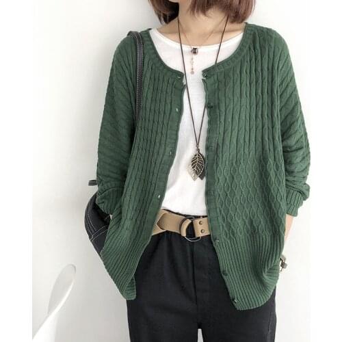 Johnature Women Vintage Knitted Sweaters Solid Color Button Cardigan 2021 Autumn New O-Neck Bat Sleeve Female Korean Sweaters