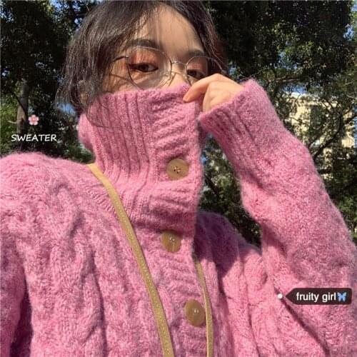 Vintage Turtleneck Sweater Loose Single Breasted Thicken Warm Twist Knit Cardigan Sweaters for Women Winter Clothes Women