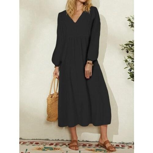 Spring Autumn Womens Dresses Long Sleeve V-Neck Patchwork Cotton Linen Solid Casual Loose Dress Female Vestidos 2021