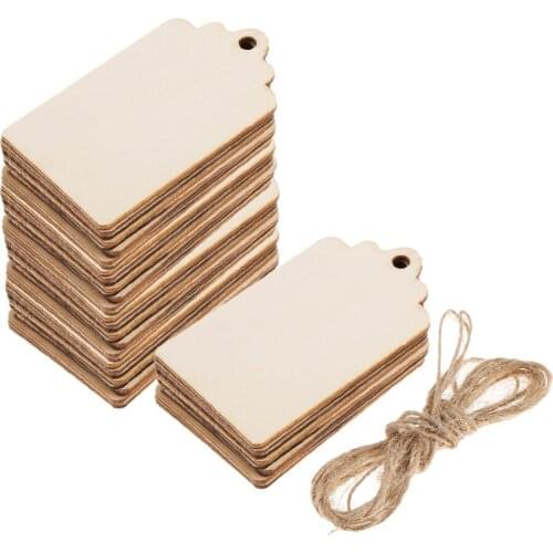 50Pcs Natural Unfinished Blank Wood Shapes Tags Rectangle with Holes and String DIY Wooden Pendants Hanging Craft Decor