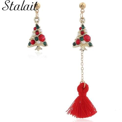 Asymmetry Christmas Deer Tree Bell Tassel Earrings For Female Red Enamel Gold Chain Christmas Jewelry For Women Gifts