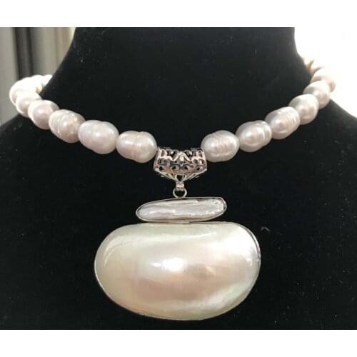 Free Shipping ***Hot sale 17" 10-13mm white biwa dens pendant freshwater pearl necklace mabe pendant