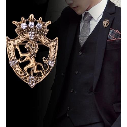 Retro Lion Crystal Brooch Pins Animal Crown Lapel Pin Corsage Mens Shirt Suit Collar Pins Fahion Jewelry Colthing Accessories