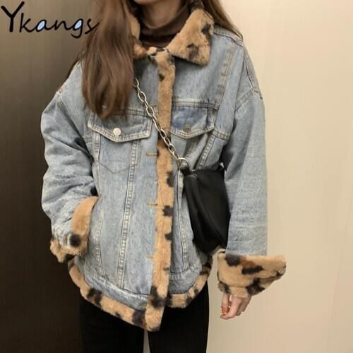 Both Sides Wear Plus Velvet Thick Denim Jacket Leopard Print Fur Cotton-Padded Coat Splicing Korean Loose WomenS Clothing