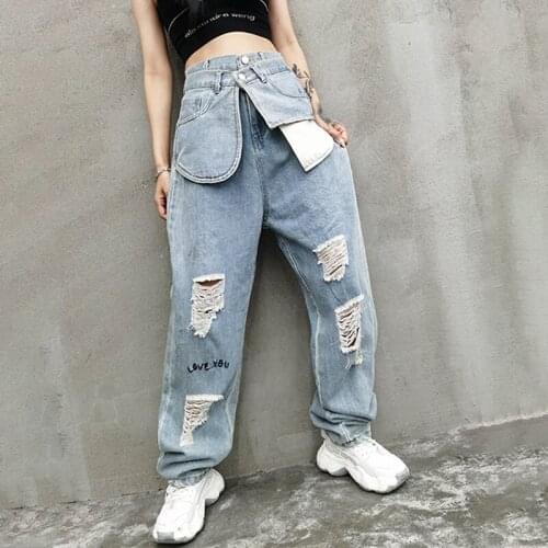 Hiphop High Waist Denim Pants Women Fashion Vintage Streetwear Loose Chic Hole Patchwork Jeans Autumn New Женские рваные джинсы