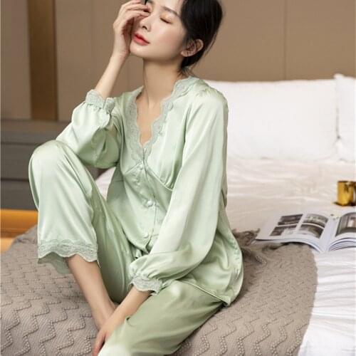 Fdfklak Solid Color Women Pajama Sets Silk Satin Pijama Turn-down Collar Sleepwear Lady Long Sleeve Spring Nightwear Femme