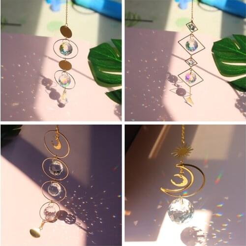 Crystal Geometric Wind Chime Star Moon Pendant Sun Plated Colorful Beads Hanging Drop For Outdoor Indoor Garden