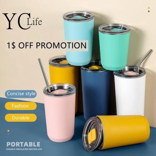 6 Colors 460 ML Coffee Mug Double Deck 304 Stainless Steel Sippy Cup Water Bottle Tea Mug Travel Mug Grind Sippy straw cup