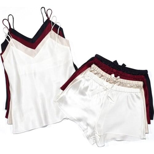 100% Mulberry Silk Silk Pajamas Suit Set For Women Ladies Summer Shorts Two-piece Sexy Cool Home Service