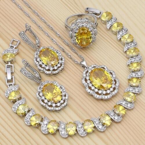 Jewelry Kits For Women 925 Silver Jewelry Sets Yellow Cubic Zirconia White Crystal Ring Bracelet Necklace Pendant Earrings Sets