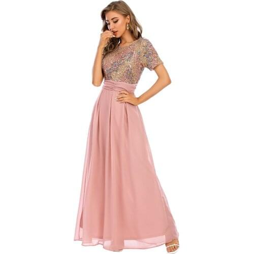 Summer Dress 2021 Casual Round Neck Sequined Chiffon A-line Patchwork Short Sleeve Party Club Female Vestido Elegant Fashion