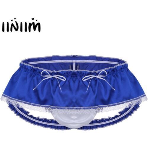Mens Sissy Gay Lingerie Panties for Male Soft Shiny Satin Ruffled 3 Bum Straps Skirted Panties Lace Briefs Underwear Underpants
