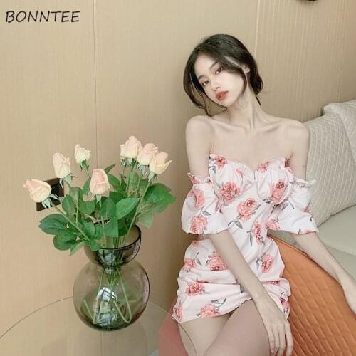 Floral Dress Women Sexy Party Mini Vintage Simple Trendy Korean Ladies Clubwear Pink Lovely Slash-Neck Soft Summer Mujer Clothes