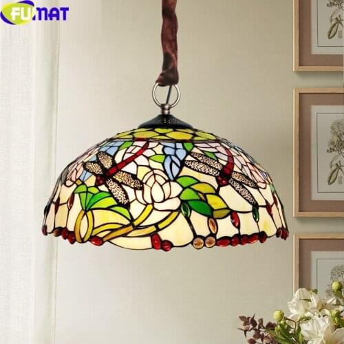FUMAT Tiffany Style Pendant Lamp Red Dragonfly Pink Lotus Green Leaves Gemstone Anti Chandelier Art Decorative Handcraft Lights