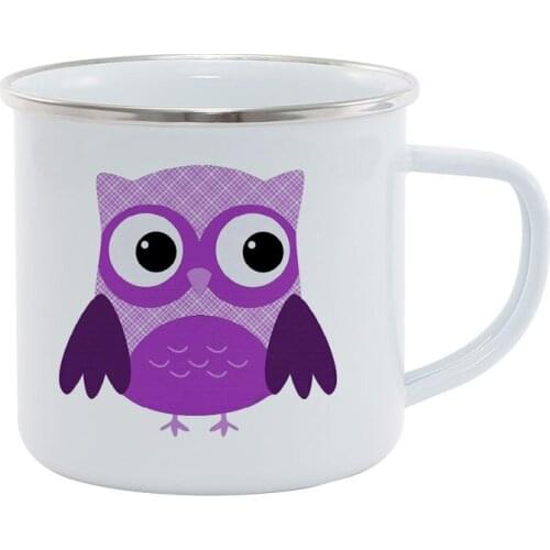 Stainless Steel Camping Coffee Mug Gift Cute Purple Plaid Owl Ceramic Enamel Cup Christmas Outdoors Metal Enamel