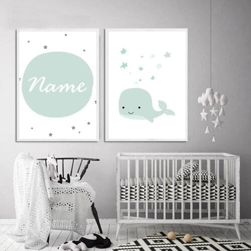 Custom Name Poster Baby Nursery Wall Art Self adhesive wall stickers Cartoon Whale Kids Decoration Picture Boys Bedroom Decor