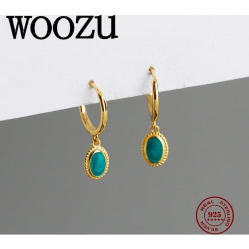WOOZU Genuine 925 Sterling Silver Geometric Pave Green Zircon Hanging Drop Earrings for Women Luxury Chic Bohemian Party Jewelry