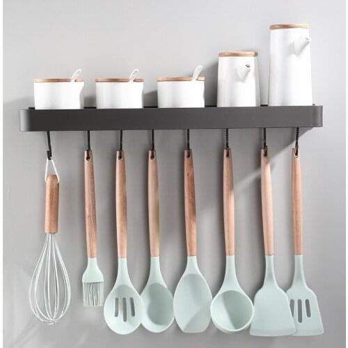 Gray Storage Rack with Hooks Wall-mounted Kitchen Rack Polar Gray Space Aluminum Condiment Rack 30/40/50cm Kitchen Organizer