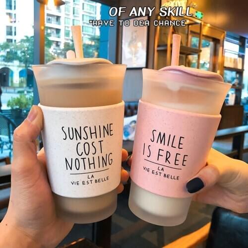 Korean Style Glass Water Bottle with Straw And Lid Spoon Office household Breakfast milk scald proof Coffee Cup