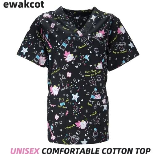 Uniforms Top Cartoon Teeth Printing Nurse Doctors Working Uniform for Women Men Lab Dental Clinic Lab Nursing Scrubs Tops caps
