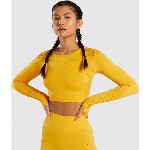 Womens Hollow-out Sports Long-Sleeved Fitness Running Yoga Clothes Tight Exposed Belly Breathable T-shirt