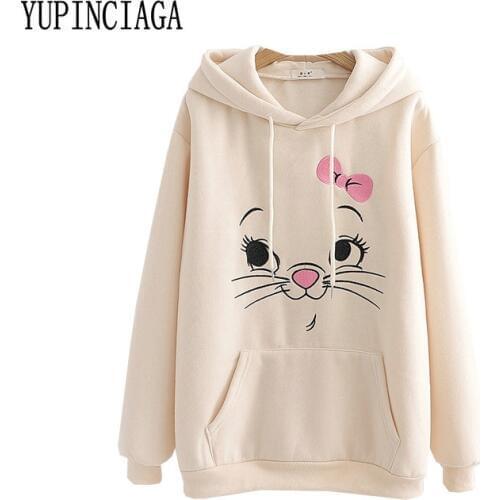 YUPINCIAGA Womens hooded Sweatshirts 2019 autumn winter new thickened plus velvet Pullover Femme Cartoon Cat Embroidery Hoodies