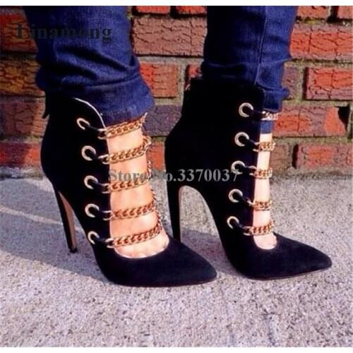 Women Spring New Fashion Pointed Toe Suede Leather Gold Chain Design Gladiator Short Boots Cut-out High Heel Ankle Boots