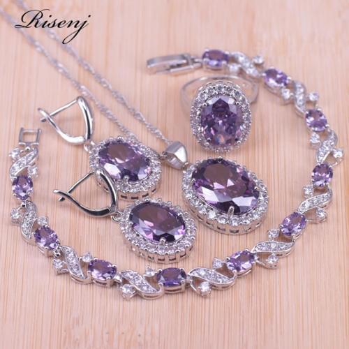 Risenj earrings ring necklace set silver Color jewelry purple Cubic Zircon Big Oval Square Set For Women