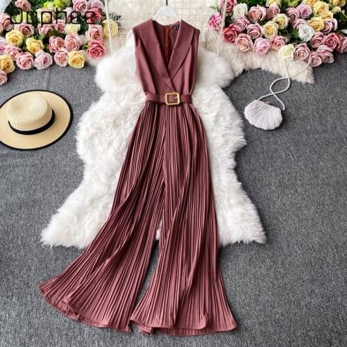 2021 Summer New Slim Suit Collar Sleeveless Chiffon Pleated Trousers Jumpsuit Fashion Flared Pants Wide Leg Jumpsuit Women