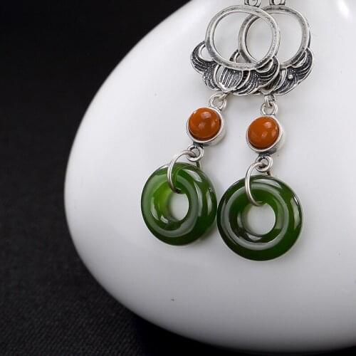 2018 Earings Fashion Jewelry S925 Pure Inlay Hetian Jade Restoring Ancient Ways South Ms High-grade Pendant Earrings Wholesale
