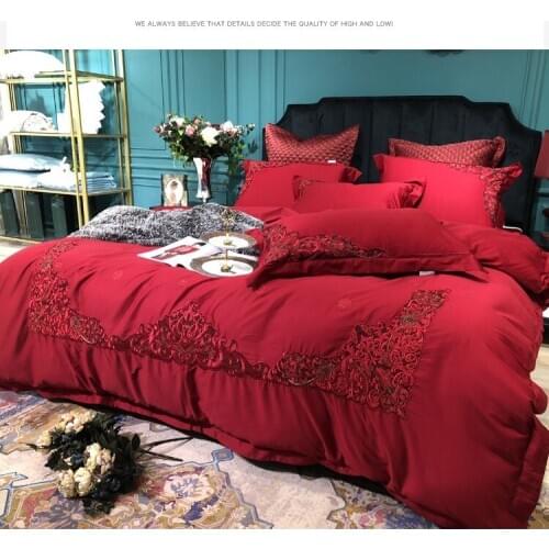 Red Wedding luxury 100S Egyptian cotton Embroidery Bedding sets Queen King Royal Duvet cover Bed sheet set Pillowcases 4/6pcs