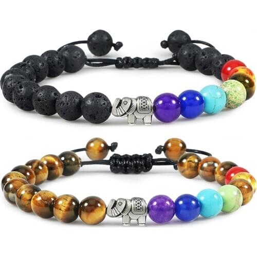 7 Chakra Healing Bracelet 8mm Natural Lava Stone Tiger Eye Elephant Beaded Woven Rope Chain Yoga Bracelets for Men Women Jewelry