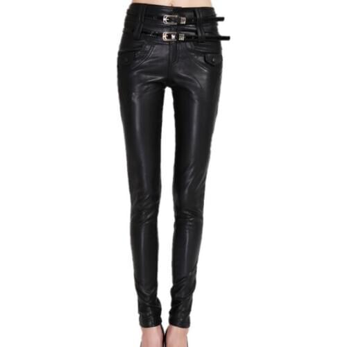 Black fashion motorcycle faux leather pants womens feet pants pu trousers for women spring autumn personality