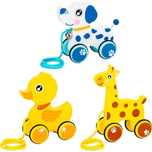 Baby Pull Walking Toy Creative Cute Cartoon Duck Dog Giraffe Drag Car Wooden Animal Pull Rope Toys Car For Infant 12 Months