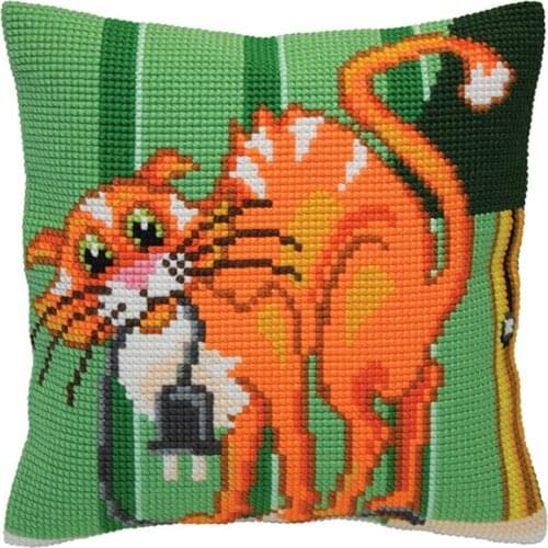 DIY Cross Stitch Cushion Front Playful Cat Needlepoint Kits Printed Canvas Chunky Yarn Cross-stitch Pillow Case Arts & Crafts