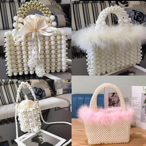 Women Beaded Handbags Pearl Hollow Out Evening Bags Party Wedding Retro Day Clutch Bucket Party Purse