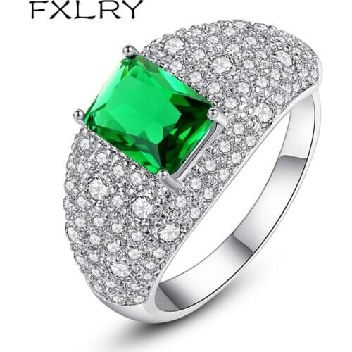 FXLRY Luxury White Color Micro Paved Cubic Zircon Shiny CZ Big Green Stone Adjustable Ring for Women Party Jewelry