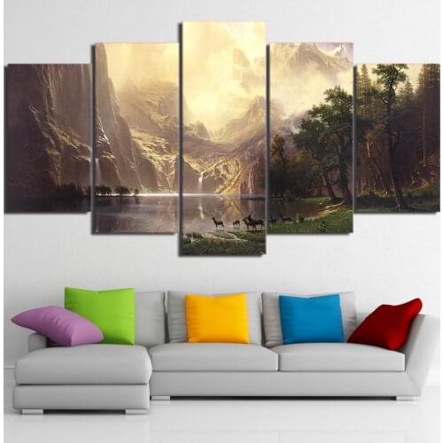 Canvas Wall Art Pictures Frame Home Decor Room Poster 5 Pieces Mountain Lake Natural Landscape Animal Deers HD Printed Painting