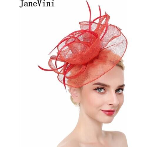 JaneVini Fashion Red Wedding Hats for Women Elegant Jockey Club Hair Clip Headdress Bridal Vintage Fascinator Feather Headbands