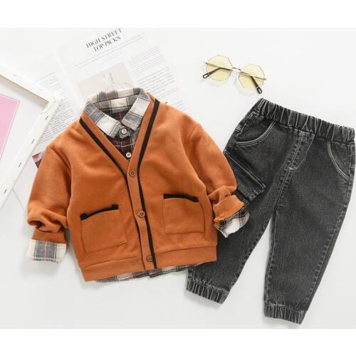 Baby Toddler Clothes Boy Sets Wool Cardigan Sweater+Shirt+Jeans 3Piece Fashion Children White Clothing 1-4 Years