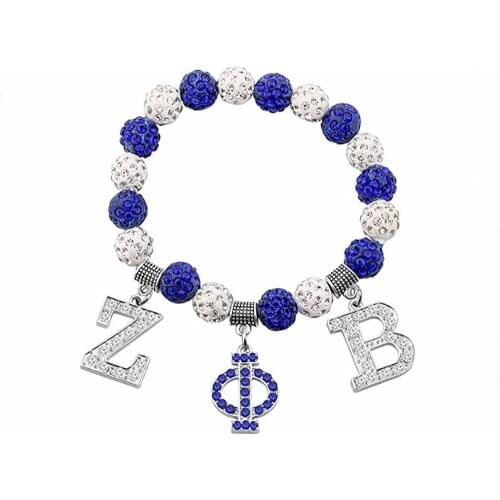 Fashion Blue White Crystal Ball Beads Greek Letters Sorority Zeta Phi Beta Bracelet Society Symbol Bangles Jewelry For Women