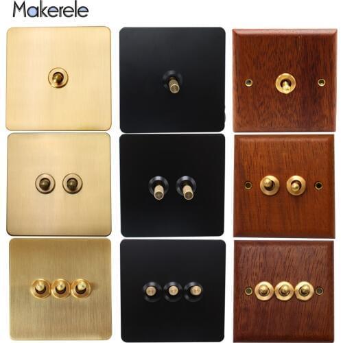 10A Retro Stainless Steel Wood Brass Toggle Switch 1/2/3 Gang Wall Lamp Switch 86 Type Dual Control Light Switch