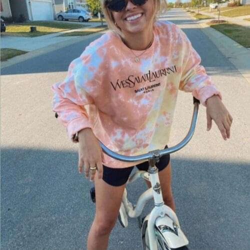 New Spring and Autumn Womens Hoodie Fashion Loose Tie-dye Printing Hooded Pullover Outdoor Leisure Sports Long-sleeved Top