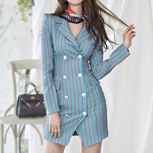 Korean new arrival slim long suit thin casual OL new fashion comfortable double-breasted work style striped party sexy blazer