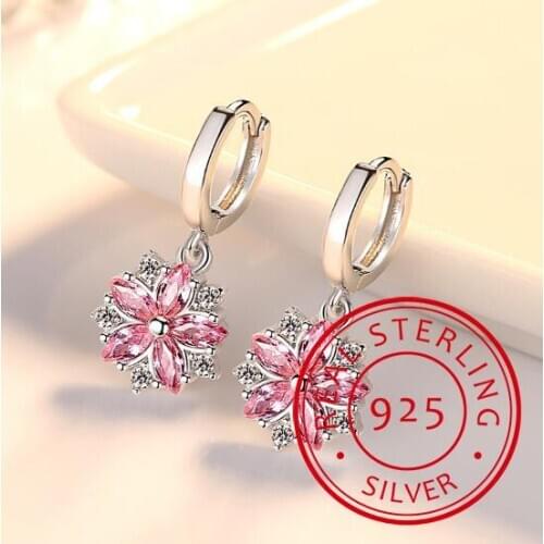 New Fashion Women Earring Trendy Cute Pink Flower Round Pendant AAA Cubic Zirconia Earings Wedding Party Jewelry Gift Accessorie