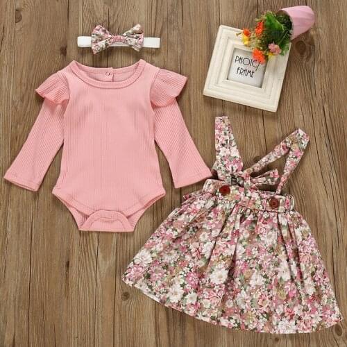 Baby girl clothes spring and autumn cotton baby suit 3PCS long-sleeved bag fart jumpsuit floral suspender skirt newborn clothing