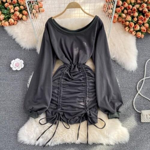 Autumn Women Drawstring Bodycon Mini Dress Sexy Slash Neck Slim Black/Grey/White Off Shoulder Party Vestidos Female 2021 Fashion